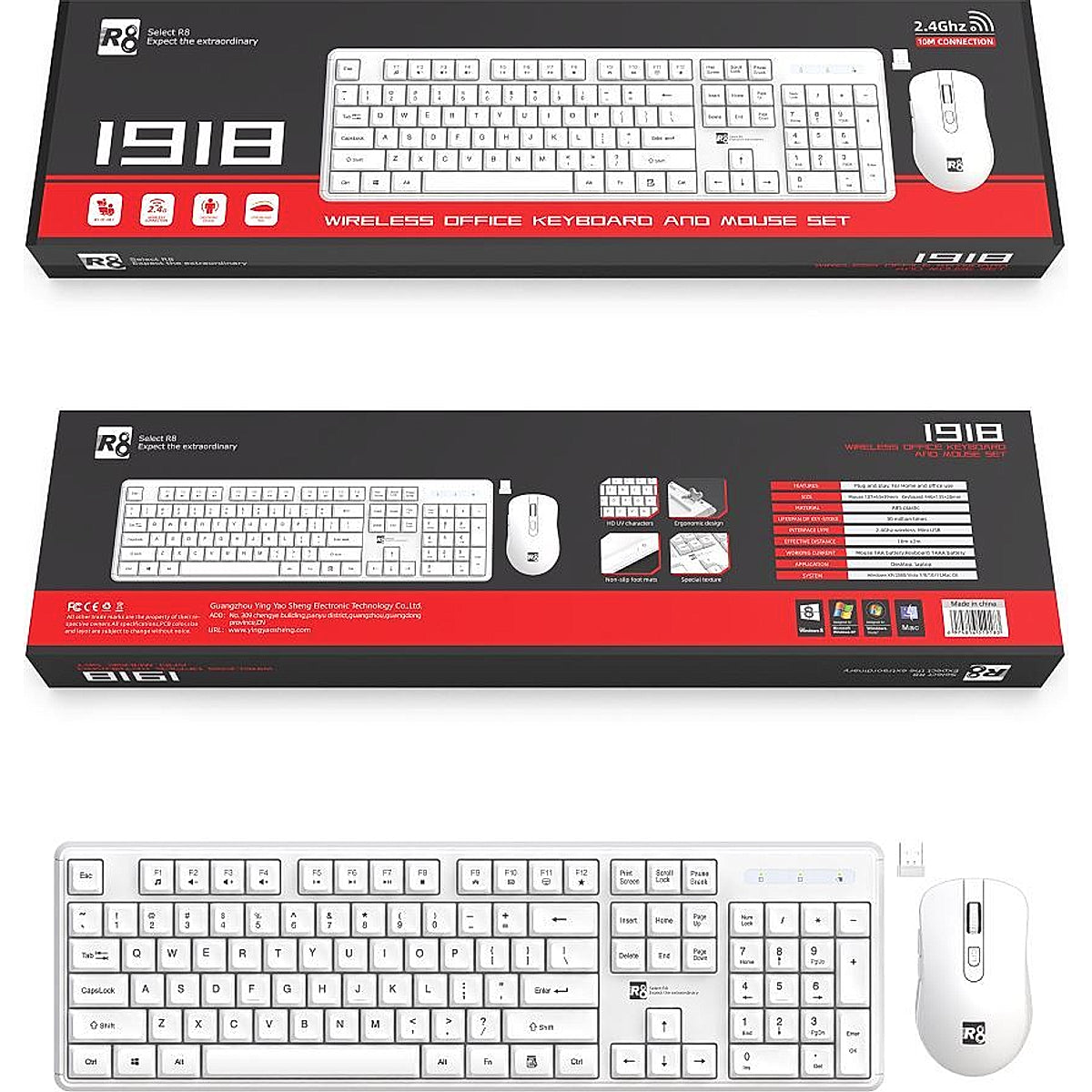 R8, 1918, Wireless Office Mouse and Keyboard Combo - White