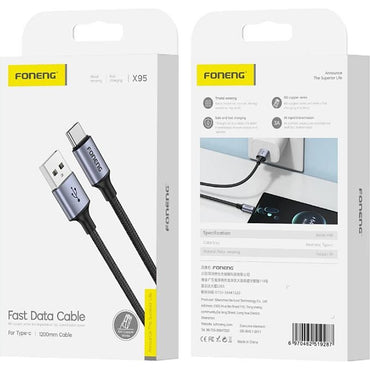 FONENG X95 1.2m USB-A to Lightning Metal Head Braided Cable – 3A Grey