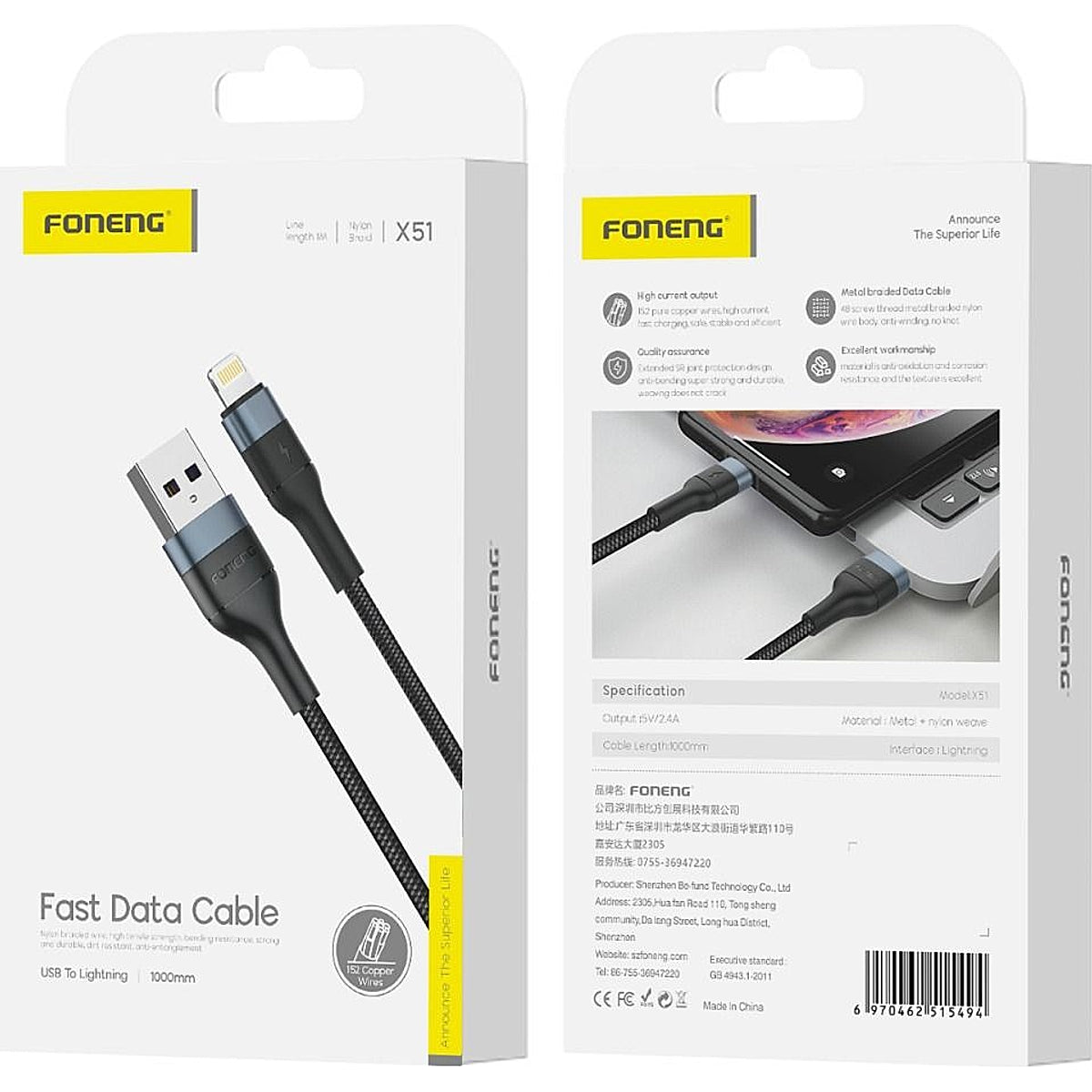 FONENG X51 1m USB-A to Lightning Braided Cable – 2.4A Black