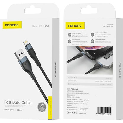 FONENG X51 1m USB-A to Lightning Braided Cable – 2.4A Black