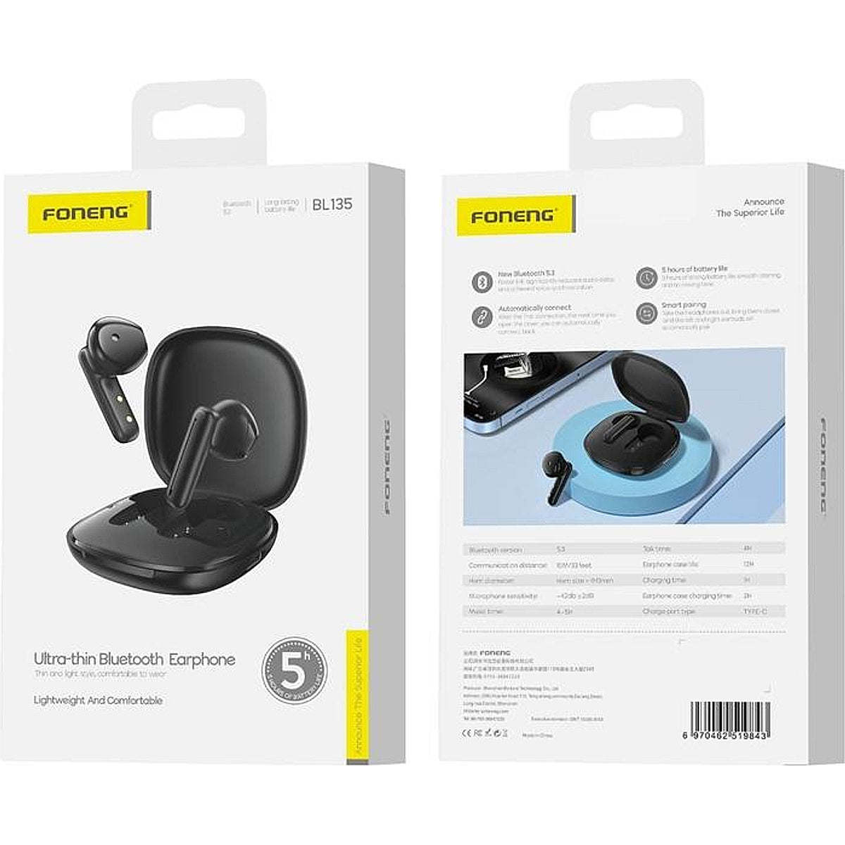 FONENG BL135 Ultra-Thin TWS Bluetooth 5.3 Earbuds – Black