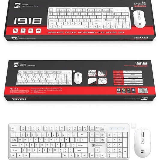 R8, 1918, Wireless Office Mouse and Keyboard Combo - White