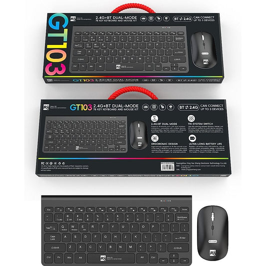 R8, GT103, Bluetooth and 2.4Ghz Wireless Mouse and Keyboard Combo - Black