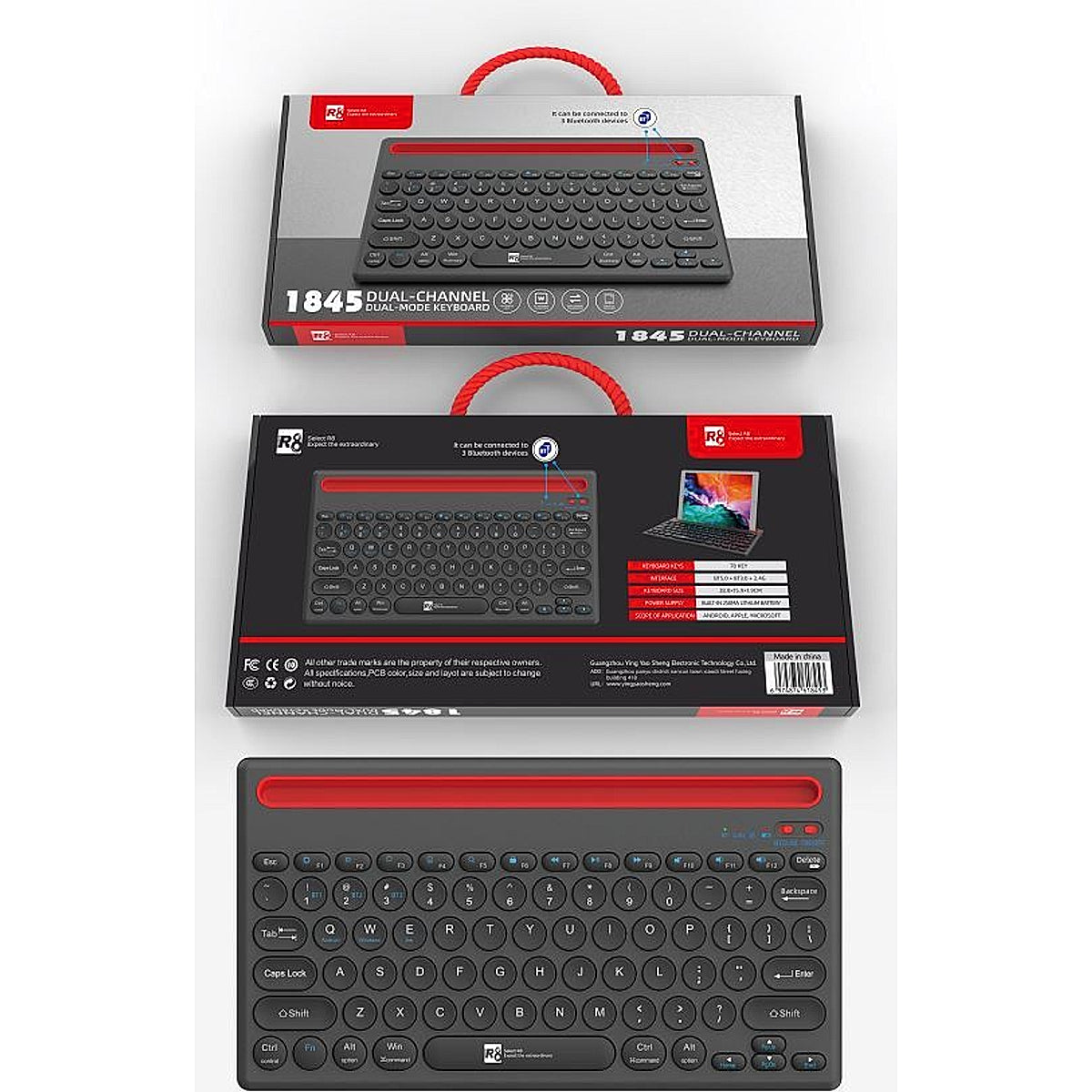 R8, 1845, Rechargeable 2.4G & Bluetooth Wireless Keyboard - Black
