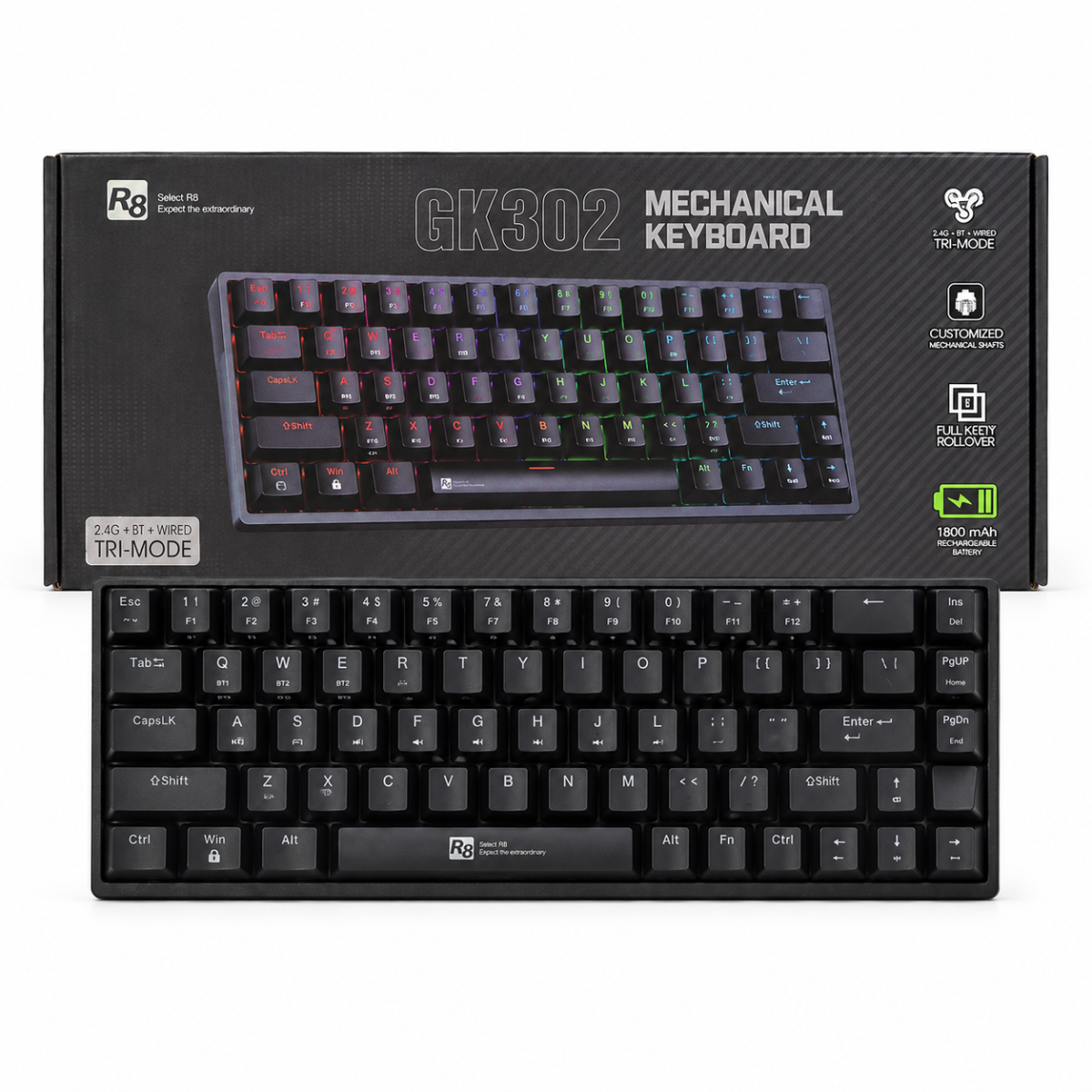 R8 GK302 68-Key Compact Tri-Mode Rechargeable RGB Mechanical Keyboard