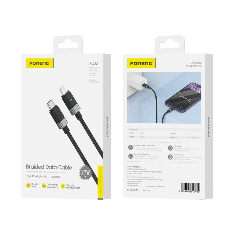 FONENG XS03 1.2m USB-C to Lightning Metal Head Braided Cable