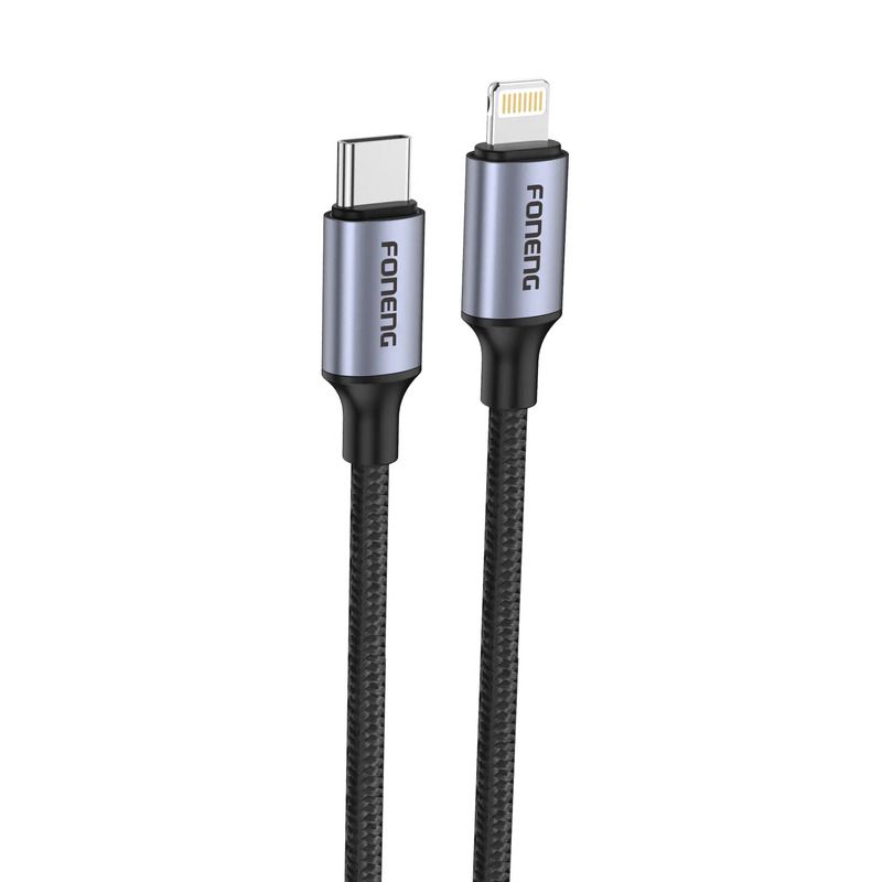 FONENG X95 1.2m USB-C to Lightning Metal Head Braided Cable – PD20W Grey