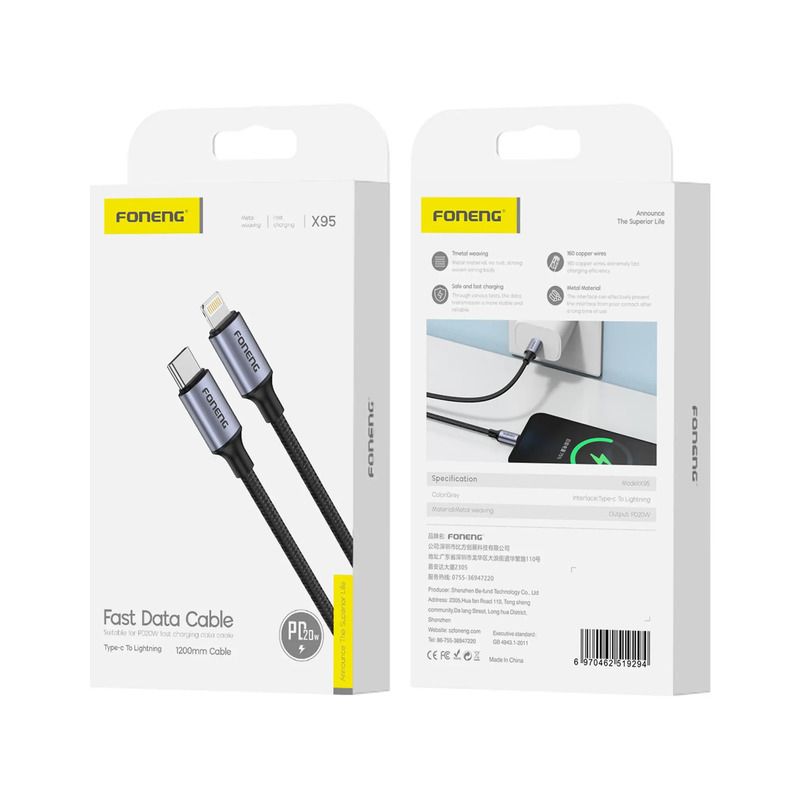 FONENG X95 1.2m USB-C to Lightning Metal Head Braided Cable – PD20W Grey