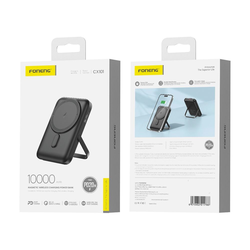 FONENG, CX101 10000mAh Magnetic Wireless Power Bank (15W) - BLACK