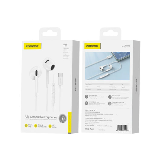 Foneng T66 Type-C Half In Ear Wired Headphones with Microphone - White