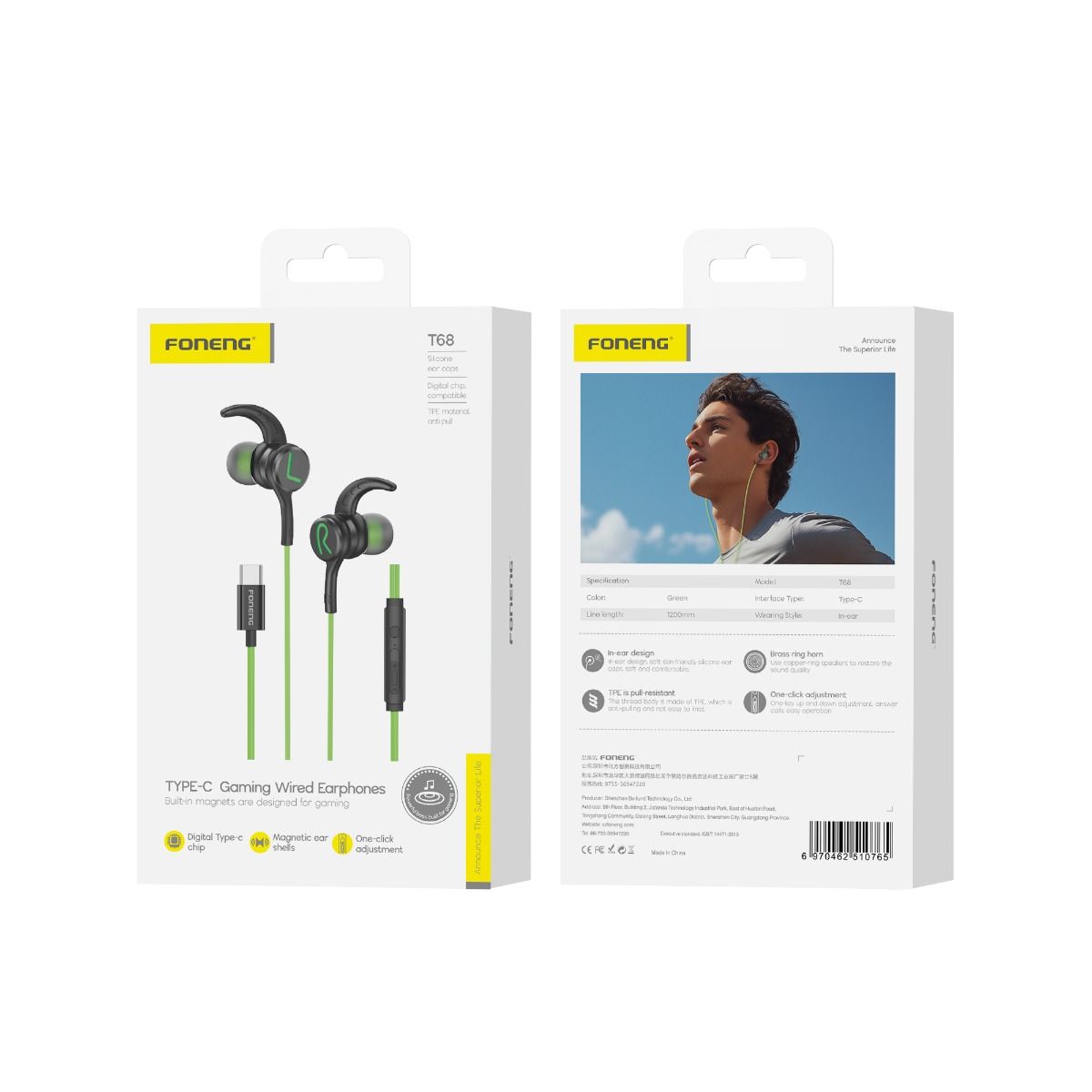 FONENG, T68, Type-C Gaming Earphones – Green In-Ear Heavy Bass