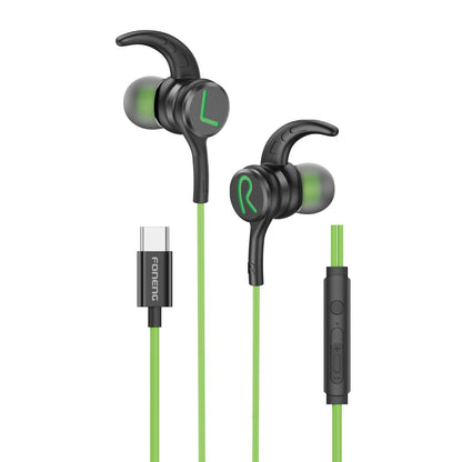 FONENG, T68, Type-C Gaming Earphones – Green In-Ear Heavy Bass