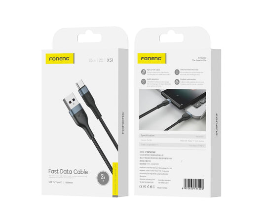 FONENG X51 1m USB-A to Type-C Braided Cable – 3A Black