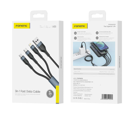 FONENG X51 12M 3 in 1 Fast Data Cable